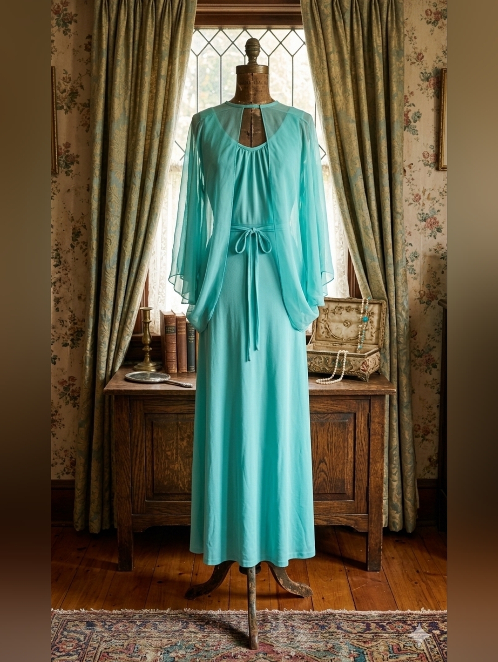 Vintage 1960s Seafoam Chiffon Dress & Sheer Shawl Set – Lawrence Dress Inc